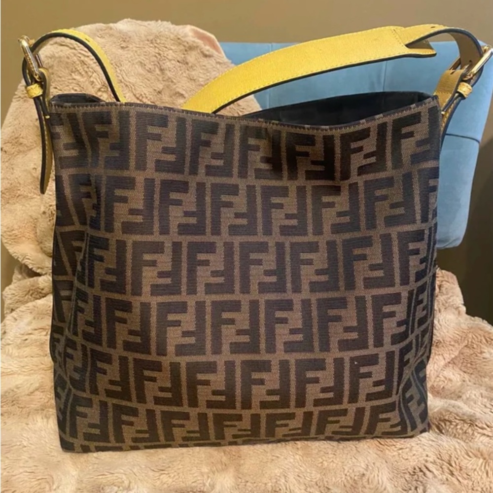 Fendi Brown Monogram Canvas Shoulder Bag with Yellow Leather Strap